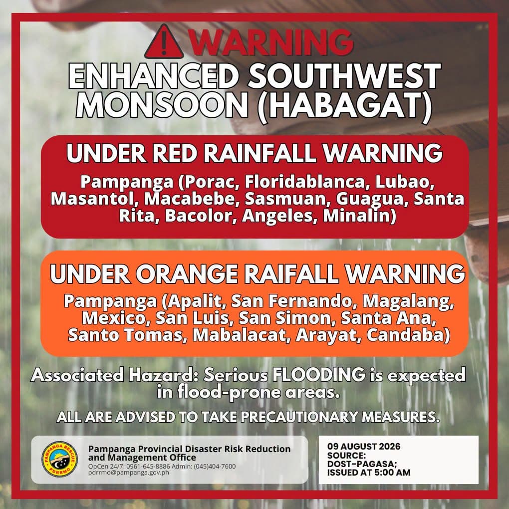 Heavy Rainfall Warning No. 32 #NCR_PRSD Weather System: Enhanced Southwest Monsoon (Habagat) Issued at: 5:00 AM, 09 August 2026(Sunday)